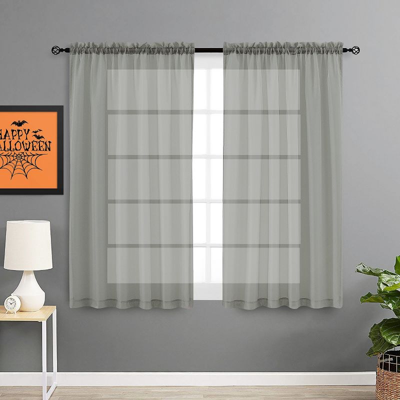 Goodgram 2 Piece Spooky Halloween Decor Misty Gray Colored Rod Pocket Sheer Voile Window Curtains - 63 In. Long, 1 of 4