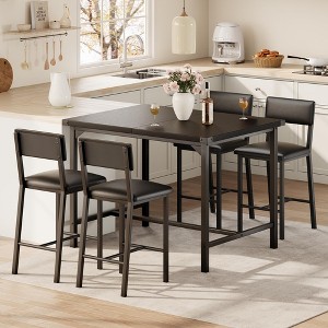 5-Piece Dining Table Set W/Footrest & Backrest, Bar Table Set with 4 Upholstered Chairs, Bar Table and Chairs Set with Corner Protector - 1 of 4