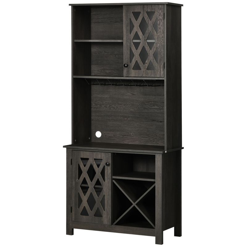 HOMCOM 72" Kitchen Pantry, Buffet with Hutch, Cupboard for Microwave, with 2 Door Cabinet, Wine Glasses Rack and 12-Bottle Wine Rack, Dark Grey, 4 of 7