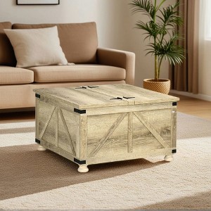 Resenkos Farmhouse Coffee Table, Large Square with Storage, Wooden Centerpiece, Particleboard & Pine Legs, Dual Flip-Top Lids, Oak Brown - 1 of 4