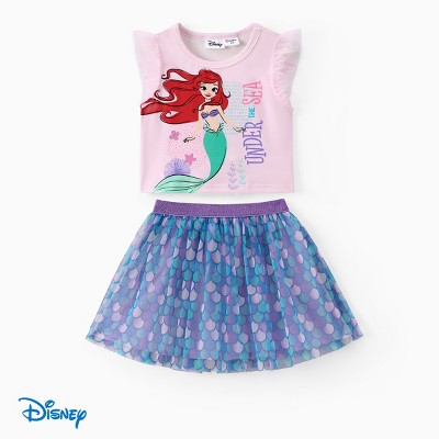 Disney Princess Toddler/Kid Girls Ariel 2pcs  Flutter-sleeve Top with Mermaid Scales Print Mesh Skirts Set
