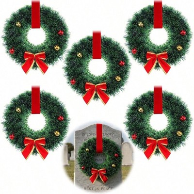 6 Pcs Tinsel Wreaths with Balls Outdoor Cemetery Tinsel Wreath with Bows Ribbon Xmas Holiday Indoor Outdoor Cemetery