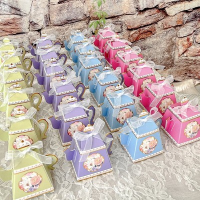 Assorted Pastel Floral Teapot Favor Boxes with Ribbon (Set of 24)