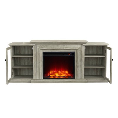Gray Farmhouse TV Stand with Electric Fireplace and Cabinets