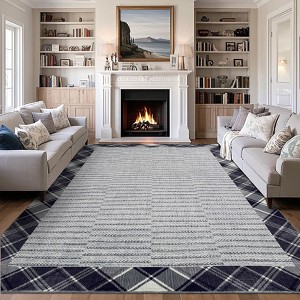 Modern Checkered Bordered Area Rug Machine Washable Rug Low Pile Throw Carpet Non Slip Non Shedding Floor Cover - 1 of 4