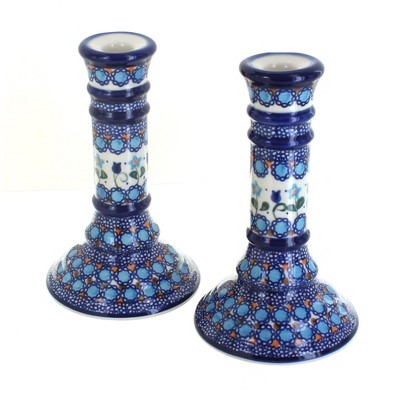 Blue Rose Polish Pottery Savannah Candlestick Pair