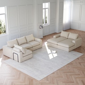 99 inch Beige Corduroy Cloud  L-Shaped Modern Upholstered Sectional Sofa with Three pillows for Living Room and Bedroom - 1 of 4