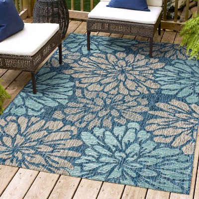 Navy and Aqua Floral Flat Woven Indoor/Outdoor Rug