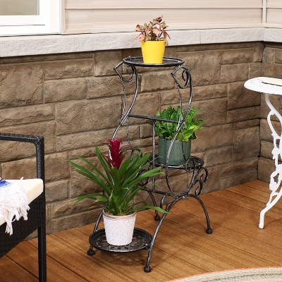 Victorian Dark Gray 3-Tier Steel Plant Stand with Scroll Design
