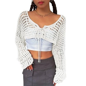 Womens Crochet Bolero Tie Front Sweater Extra Cropped Sweater Shrugs Womens Cardigan - 1 of 4