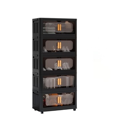 GlasFlength Decorative Storage Cabinets Accent Cabinet Folding Storage Cabinet Free standing Cabinet for Living Room, Black, 23.62"*13.78"*59.84"