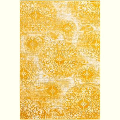 Yellow and White Low Pile Bohemian Area Rug