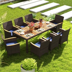 Costway 9PCS Outdoor Dining Set with Acacia Wood Table Top Patio Dining Set for 8 People Navy/Beige - 1 of 4