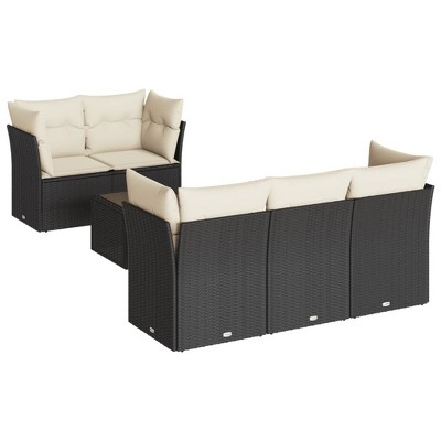 vidaXL 7 Piece Patio Sofa Set with Cushions Black and Cream - Table + 4x Corner + 2x Middle