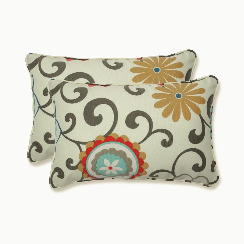 2pk Outdoor Rectangle Throw Pillow - Camel/Aqua/Brown/Botanical - Pillow Perfect, 1 of 7