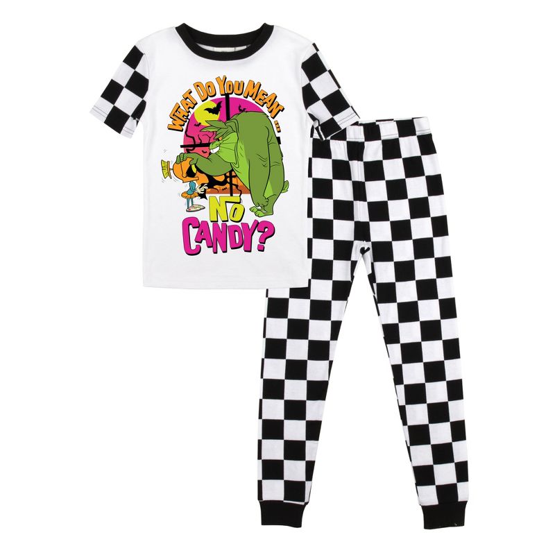 Looney Tunes What Do You Mean No Candy Youth Boy's Black & White Checkered Short Sleeve Shirt & Sleep Pants Set, 1 of 5