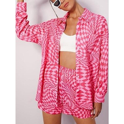Women's  2 Piece sets  Button Down Shirt Long Sleeve Short Drawstring  Outfits