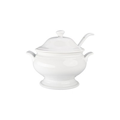 BIA Cordon Bleu Soup Tureen Set, White Porcelain 3-Piece - 3.5 Qt Bowl with Lid & 10" Ladle, Sturdy Handle, Microwaveable Elegant Dinnerware