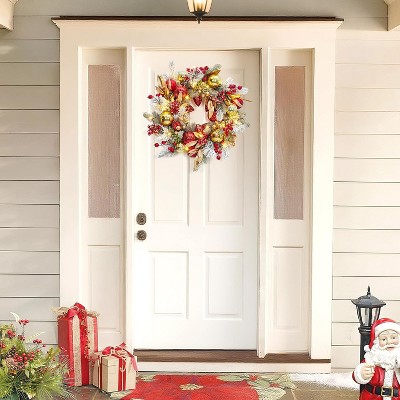 24"Christmas Wreath with Lights,Snow Flocked Wreaths for Front Door, with Timer Red Gold Balls for Fireplace Window Holiday Decoration