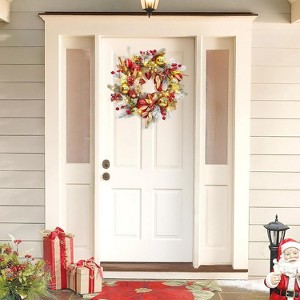 24"Christmas Wreath with Lights,Snow Flocked Wreaths for Front Door, with Timer Red Gold Balls for Fireplace Window Holiday Decoration - 1 of 4
