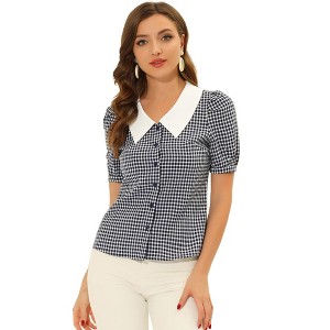 INSPIRE CHIC Women's Gingham Check Puff Sleeve Contrast Collar Button Down Shirt - 1 of 4