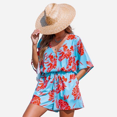 Women's Vibrant Floral Print Beach Romper with Batwing Sleeves -Cupshe
