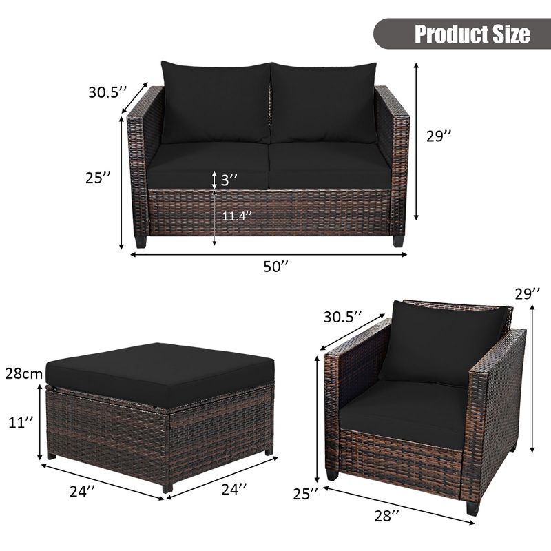 Costway 5PCS Patio Rattan Furniture Set Loveseat Sofa Ottoman Cushioned Red\White, 3 of 10