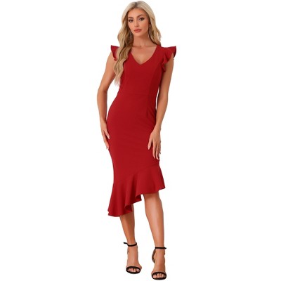 Allegra K Women's V Neck Ruffle Sleeve Irregular Hem Cocktail Party ...