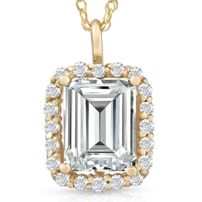 Pompeii3 3 1/2 Ct Emerald Moissanite & Lab Created Diamond Halo Pendant 14k Gold Necklace