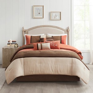 7 Pcs Stylish Faux Suede Stripe Design Comfoter Set,All Season Home Textile Cozy Bedding Set fits Modern Bedroom Decor,Matching Bed Skirt,Decorative - 1 of 4