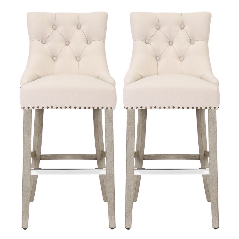 WestinTrends 29" Linen Tufted Buttons Upholstered Wingback Bar Stool (Set of 2), 1 of 4