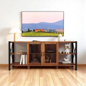 80 Inch Industrial Farmhouse TV Stand with Mesh Door and Open Shelves, Modern Wood and Metal Entertainment Center for Living Room or Bedroom - 1 of 4