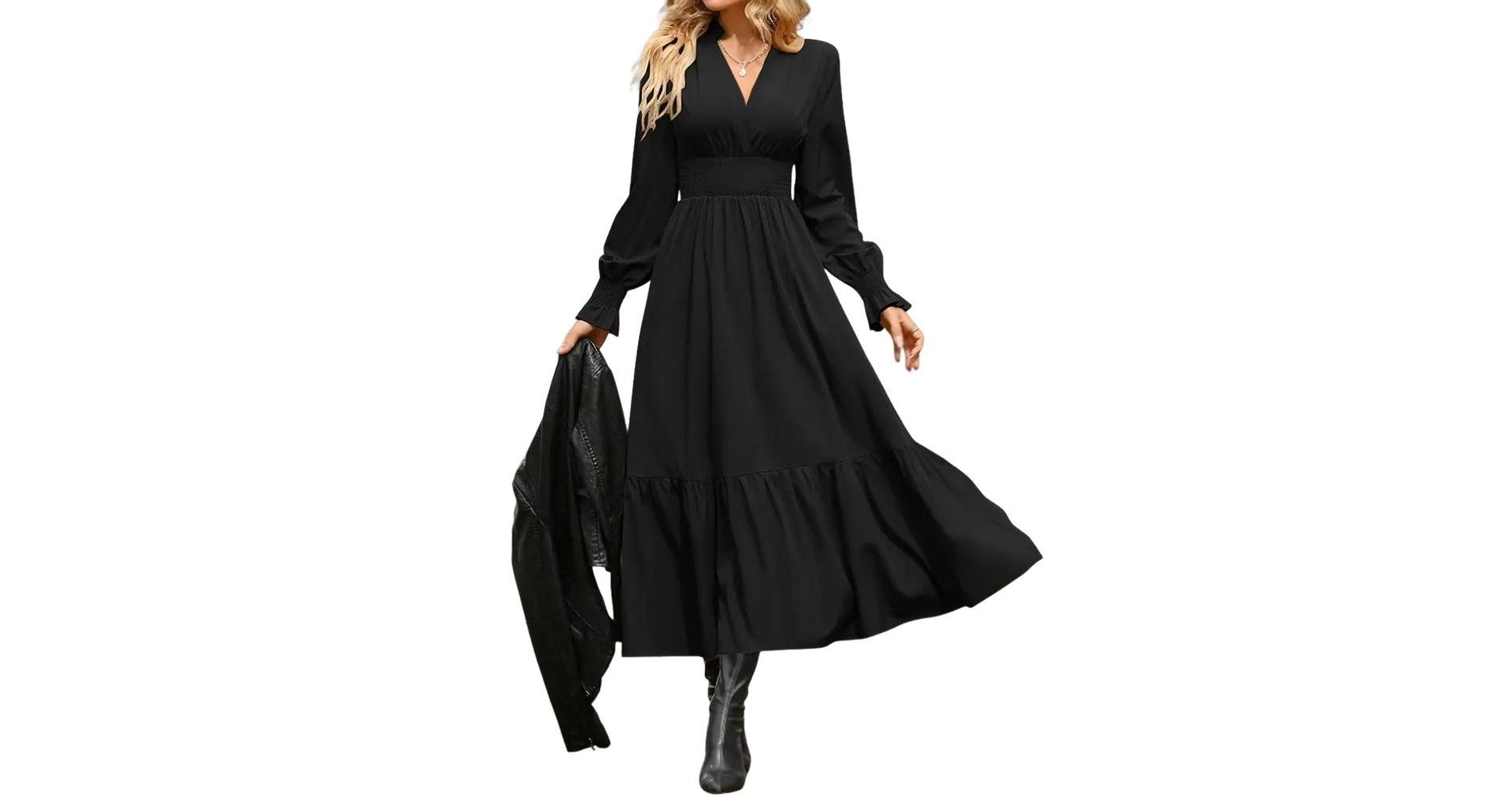 Coolmee Women's Long Sleeve Dress Trendy Elegant V Neck Flowy Wedding Guest Holiday Formal Maxi Dresses