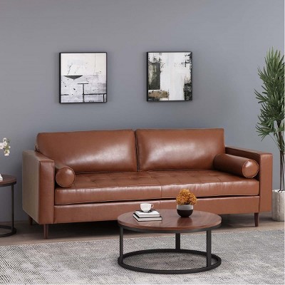 Vintage PU Leather Sofa with Tufted Seat, Solid Wood Legs and Bolster Pillows for Living Room or Home Office-Maison Boucle