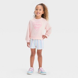 Toddler Girls' "Happy Heart" French Terry Valentine's Day Striped Shorts Set - Cat & Jack™ Pink/Off-White - 1 of 4