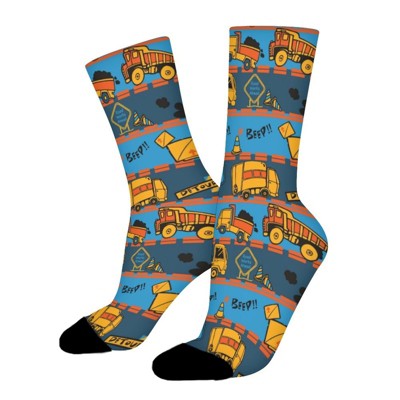 Gray And Blue Stripe Construction Truck Women Printed Crew Socks Funny Funky Socks Soft Polyester Novelty Gifts for Artists Men