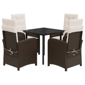 vidaXL 5 Piece Patio Dining Set with Cushions - Brown PE Rattan, Adjustable Reclining Chairs, Square Tempered Glass Table, Outdoor Garden Furniture - 1 of 4