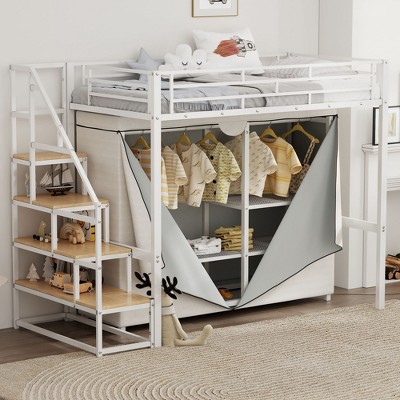 NicBex Twin Size Loft Bed Metal Bed Frame with Wardrobe, Storage Shelves, Stairs and Full Length Guardrail, No Box Spring Required