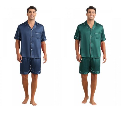 INSPIRE CHIC Men's 2 Pack Satin Pajamas Set Classic Short Sleeve Loungewear