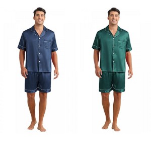 INSPIRE CHIC Men's 2 Pack Satin Pajamas Set Classic Short Sleeve Loungewear - 1 of 4