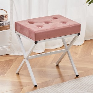 ChicFurnit Ottomans and Benches Ottoman Foot Stool Tufted Vanity Stool with Metal X Leg for Living Room, Pink, 16.93"*12.99"*6.5" - 1 of 4