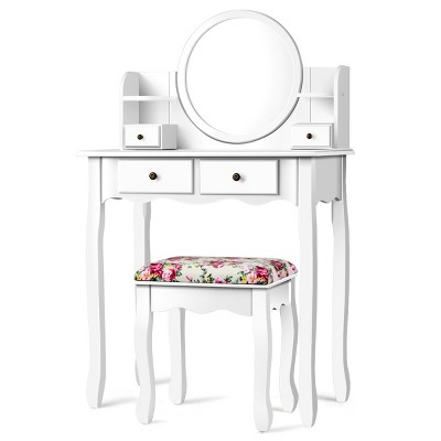 Tangkula Vanity Table Set w/Detachable Mirror & Stool Black/White