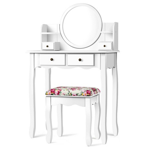 Tangkula Bedroom Makeup Vanity Dressing Table Stool Set with 3 Colors Lighted Mirror Large Storage Cabinet Drawer White