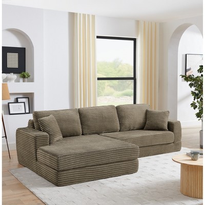 112.6" Modern Corduroy L-Shape Modular Floor Sectional Sofa with Left Arm Chaise Lounge, Convertible into a Queen Bed