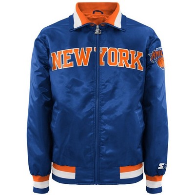STARTER Mens New York Knicks Satin Varsity Jacket, Blue, Large