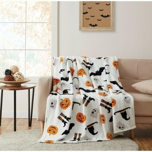 Kate Aurora Halloween Witches Pumpkins & Bats Ultra Soft & Plush Oversized Accent Throw Blanket - White - 1 of 3