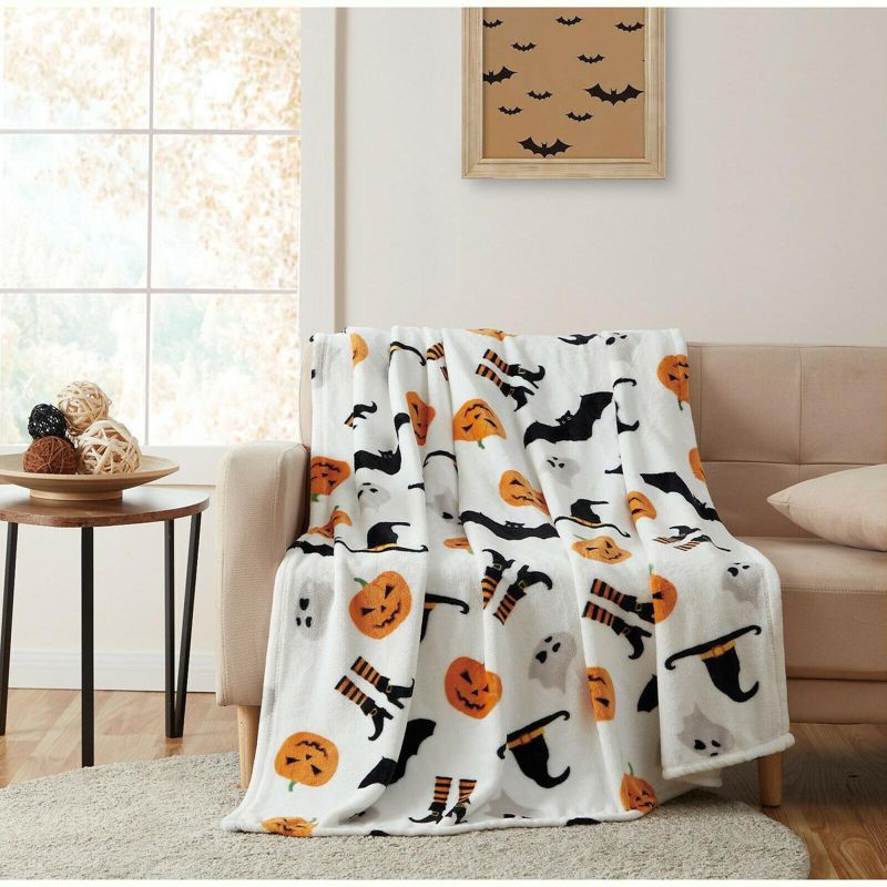 Kate Aurora Halloween Witches Pumpkins & Bats Ultra Soft & Plush Oversized Accent Throw Blanket - White, 1 of 4