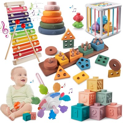 6-in-1 Montessori Baby Toy Set with Wooden Blocks, Xylophone and Teether for Toddlers