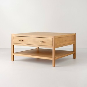 Grooved Wood Square Coffee Table with Drawer - Natural - Hearth & Hand™ with Magnolia - 1 of 4