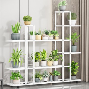 Plant Stand Indoor Outdoor, Flower Display Stand Wrought Iron Corner Multiple Planter Rack Organizer With Wheels For Room Corner Balcony Garden Patio - 1 of 4